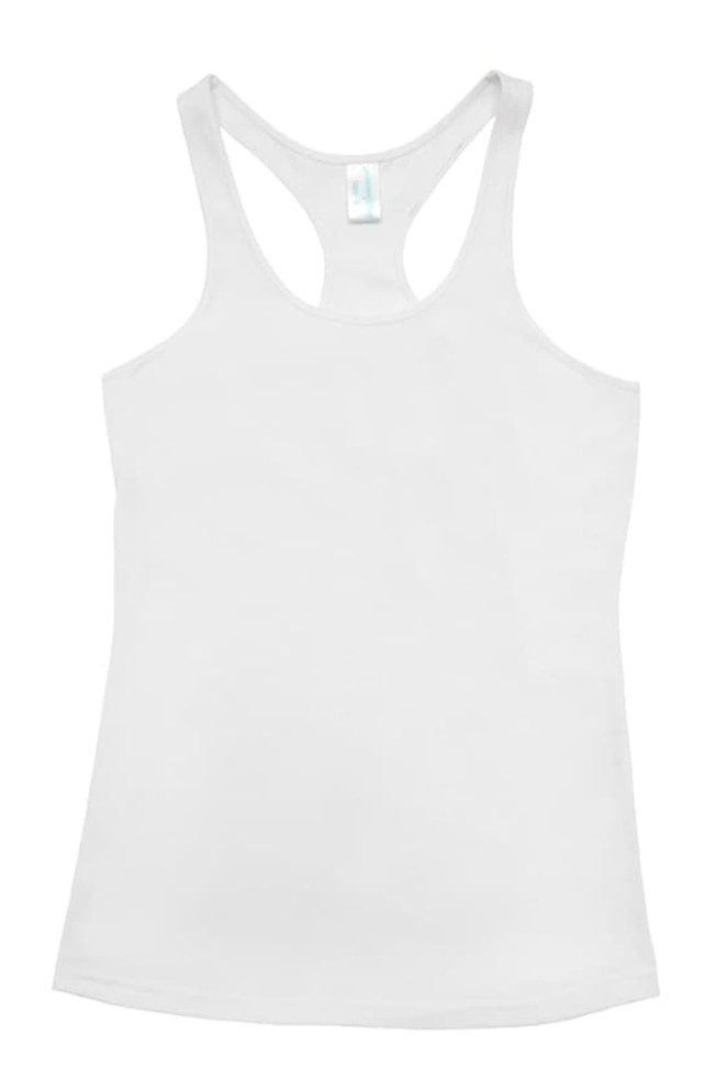 A white kids' T-back singlet featuring a racerback design and a logo at the tag area.