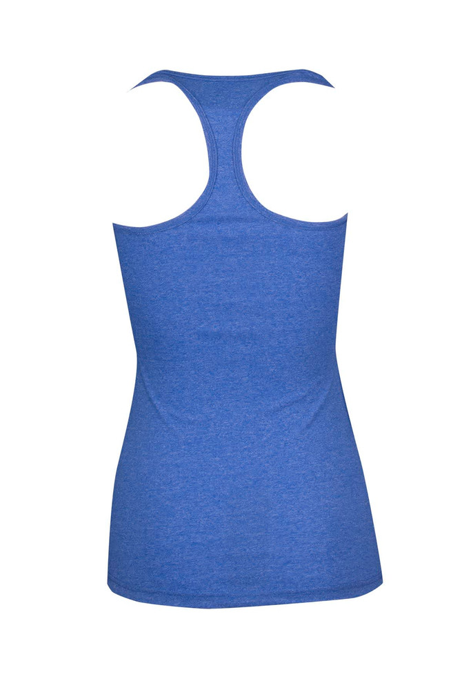 A blue women's athletic T-back singlet with a fitted design and a logo on the back.