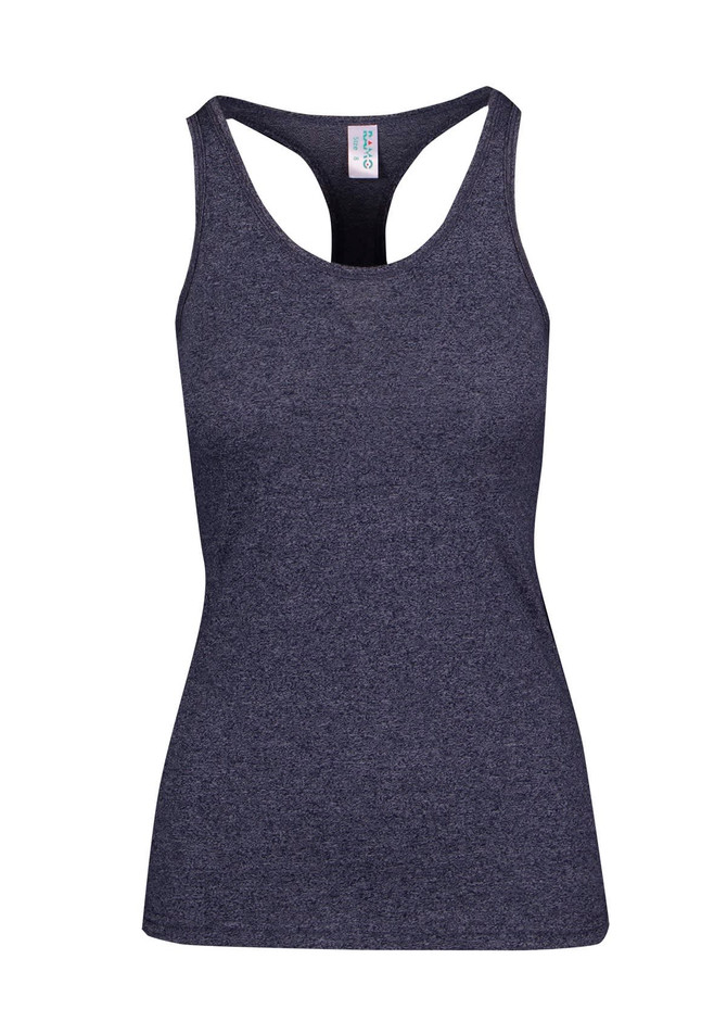 A women's athletic T-back singlet in dark grey, featuring a fitted design and a logo on the label.
