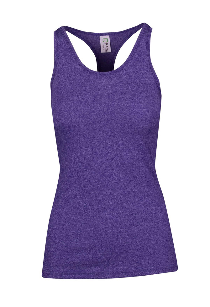 A purple women's athletic T-back singlet with a fitted design and a logo on the label.