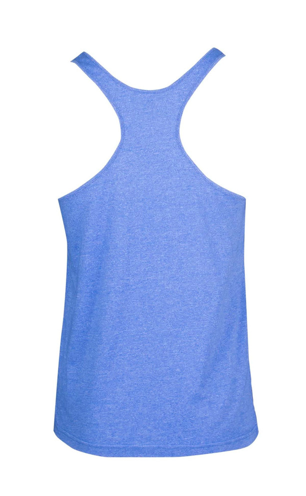 A blue athletic T-back singlet featuring a racerback design and a simple style. It has a logo on the back.