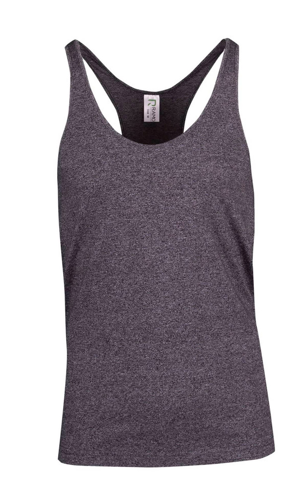 A grey athletic T-back singlet featuring a sleek design and a logo on the label.