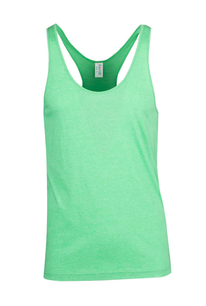 A light green athletic singlet with a T-back design and a logo on the label.