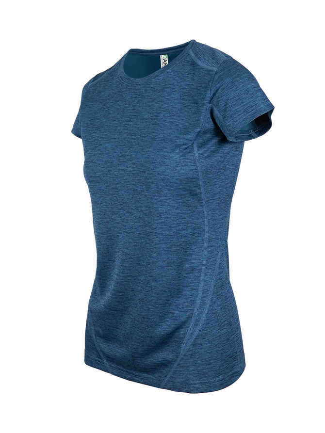 A blue women's t-shirt made from 100% polyester, featuring a fitted design and short sleeves. It has a branding logo.