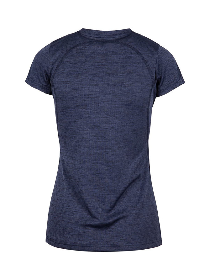 A navy blue women's T-shirt made of 100% polyester with a rounded neckline and short sleeves, featuring a logo.