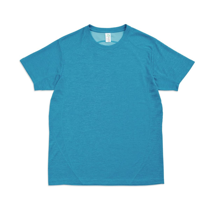 A blue unisex T-shirt made of 100% polyester, featuring a logo on the label.