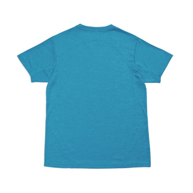 A blue unisex T-shirt made of 100% polyester, featuring a simple back design with a logo.