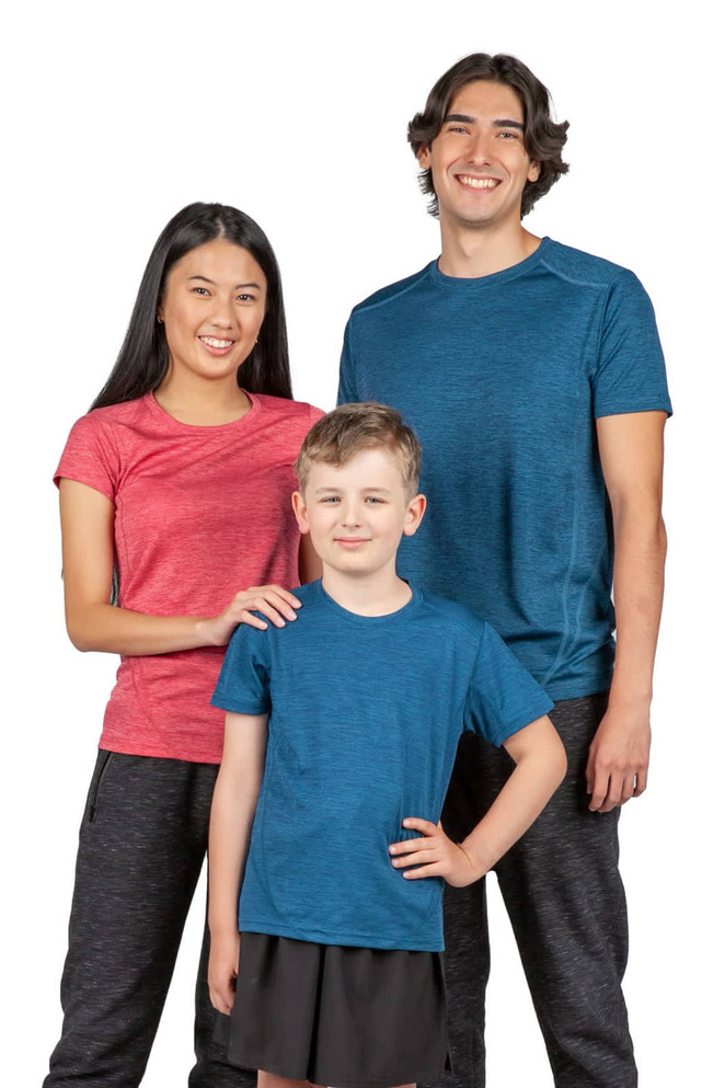 A red and a blue 100% polyester T-shirt worn by a woman and a man, alongside a child in a matching blue T-shirt.
