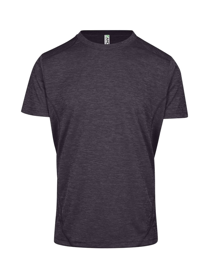 A dark grey men's unisex T-shirt made of 100% polyester, featuring a simple design and a logo.