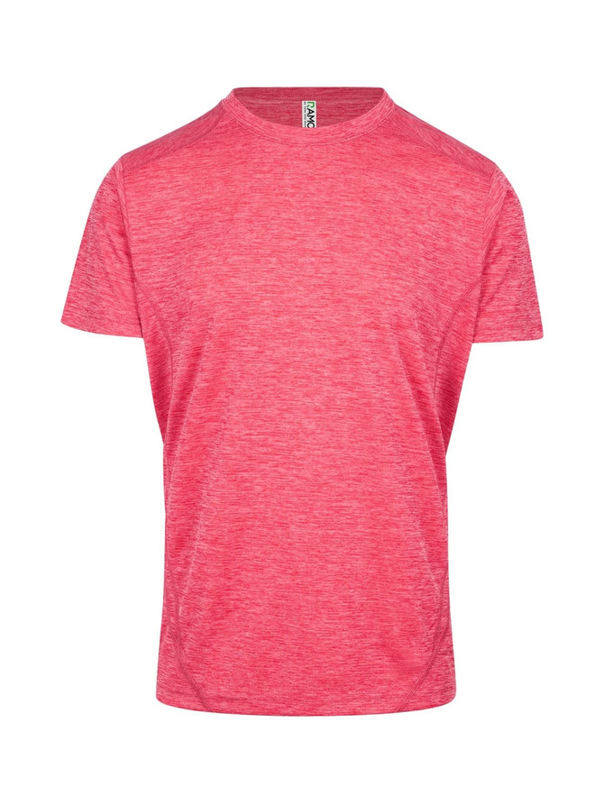A red heathered T-shirt made from 100% polyester featuring a round neck and short sleeves. It has a logo on it.