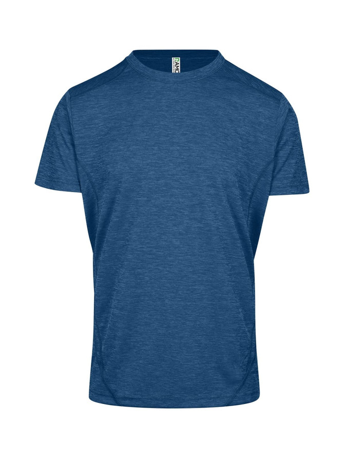 A blue, unisex polyester T-shirt with a simple design and a logo on the label.
