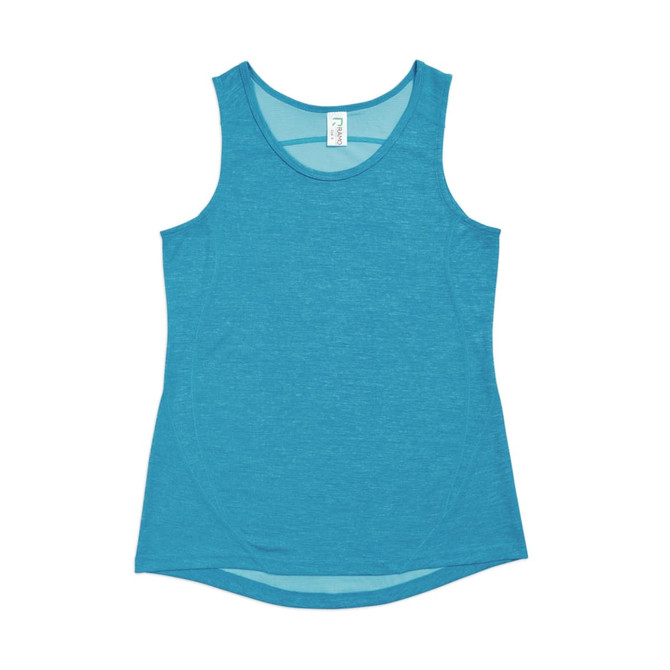 A teal women's singlet made of 100% polyester, featuring a rounded neckline and a logo at the label.