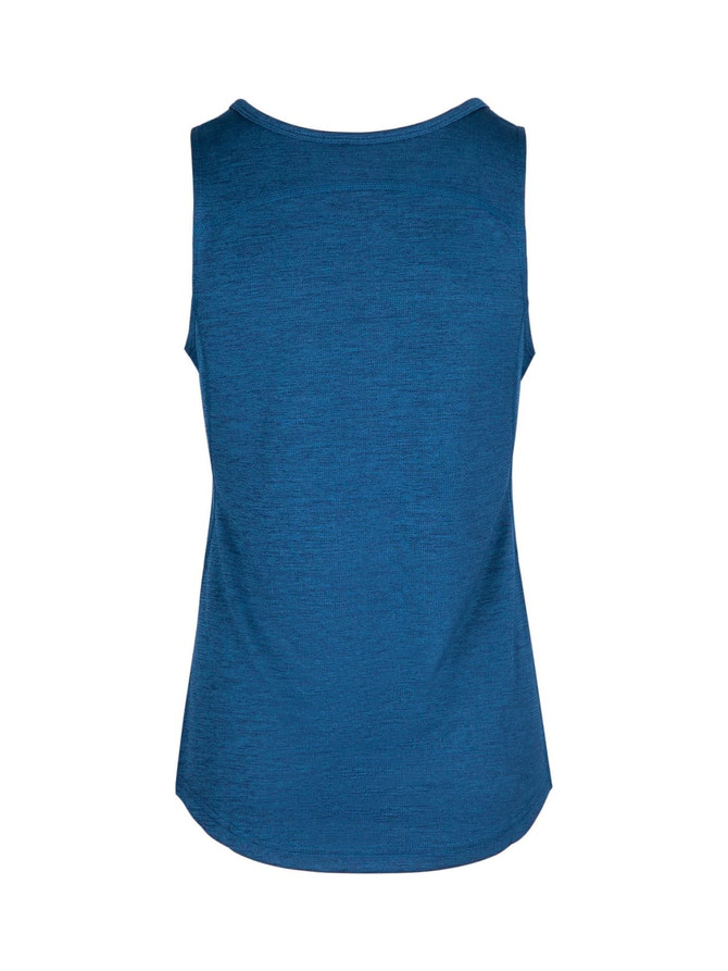 A blue women's singlet with a smooth texture and a round neckline, featuring a logo on the back.