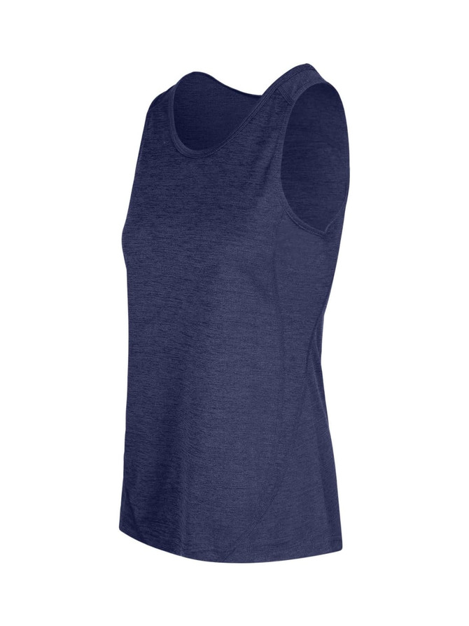 Navy blue women's singlet made from 100% polyester, featuring a fitted design and a logo.