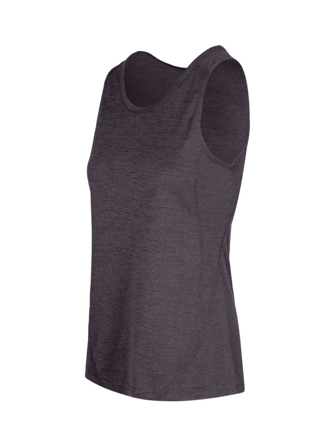 A dark grey women's singlet made of 100% polyester, featuring a simple design and a logo.