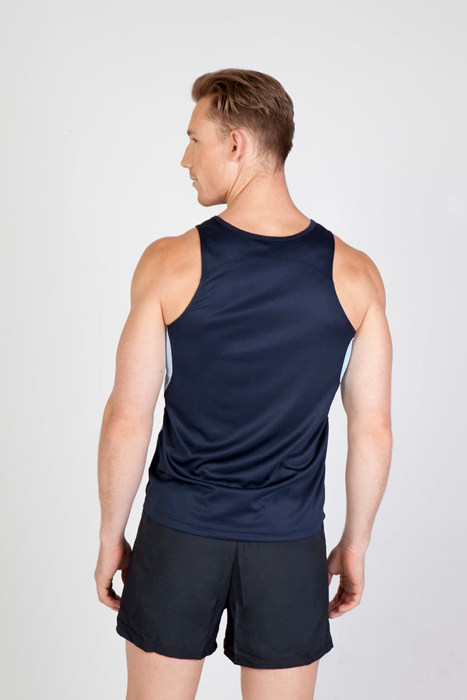A man wearing a navy blue singlet with a logo, viewed from the back, showcasing a sporty design.