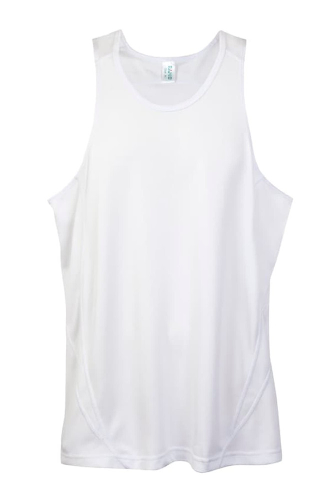 A white men's singlet featuring a sporty design and logo, made from Cool Dry fabric.