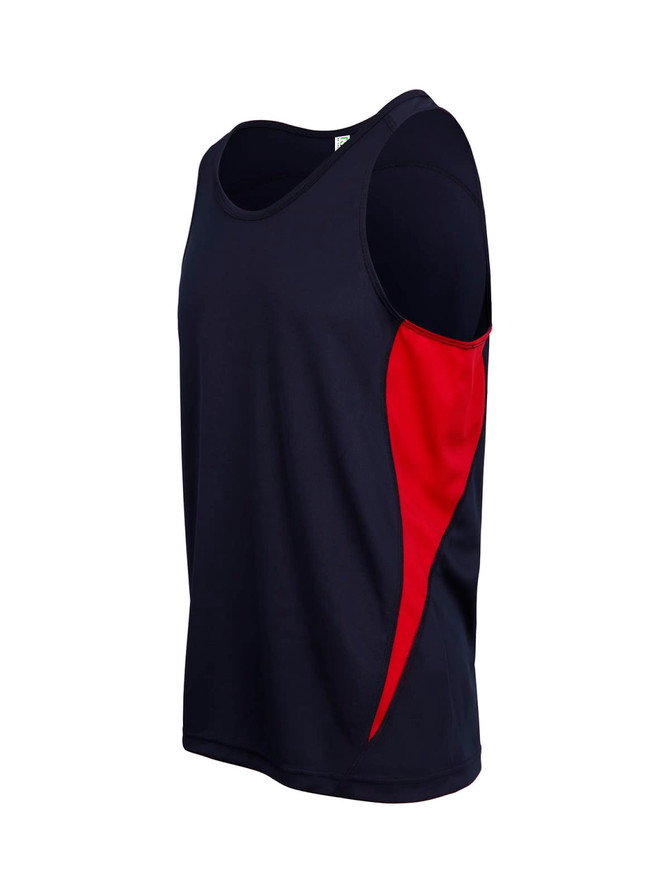 A men's singlet featuring navy and red colours with a logo on the side.
