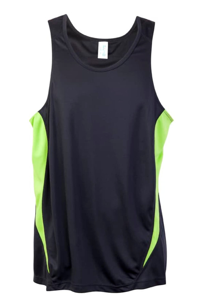 A black singlet with green accents, made of cool dry fabric, featuring a logo on the front.
