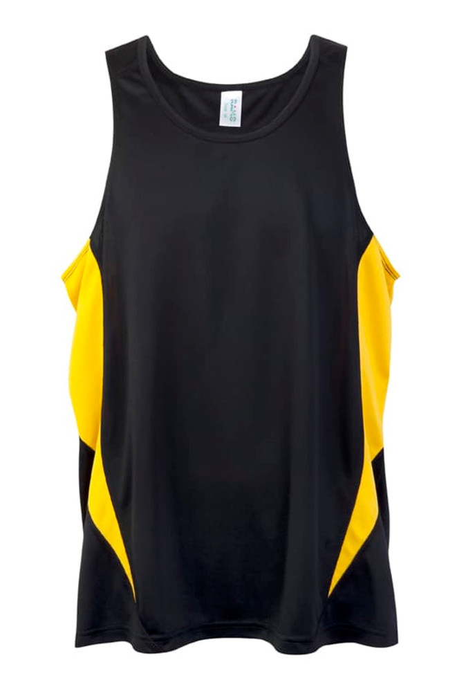A black and yellow men's singlet featuring a sleek design and a logo on the label.