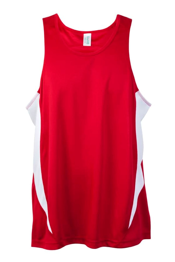 A red singlet with white side panels, featuring a logo. Perfect for sports and casual wear.