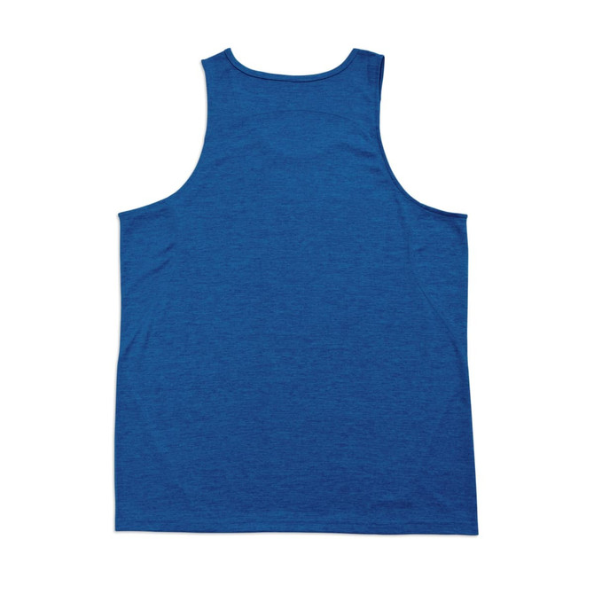 A blue 100% polyester men's singlet with a sleeveless design and a branded logo on the back.