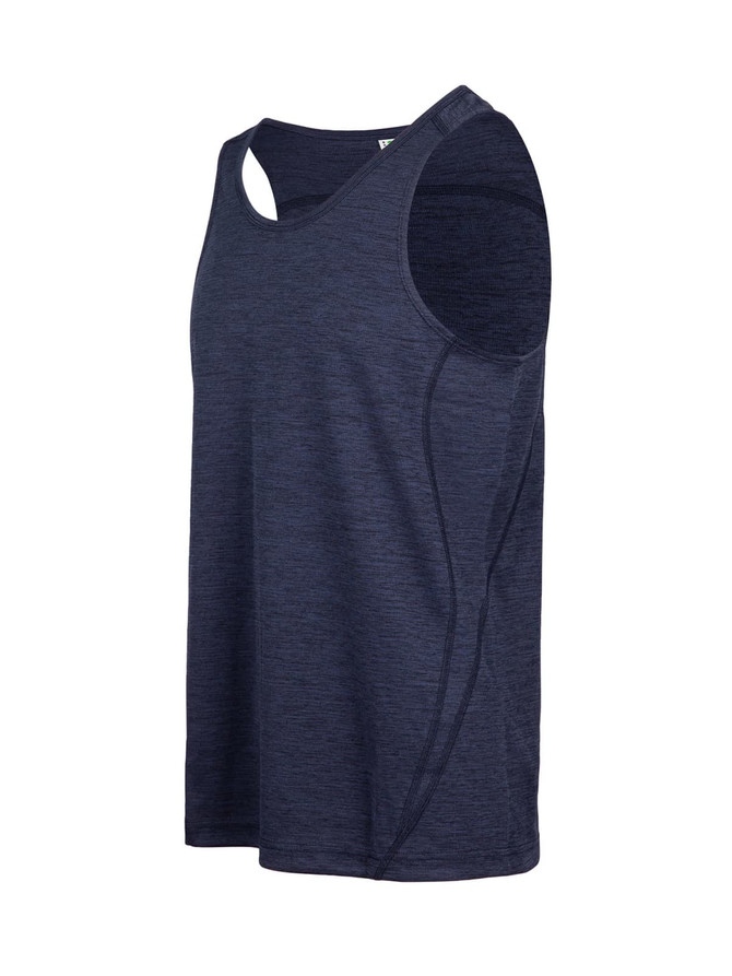 A navy blue men's singlet made from 100% polyester, featuring a logo and a modern design.