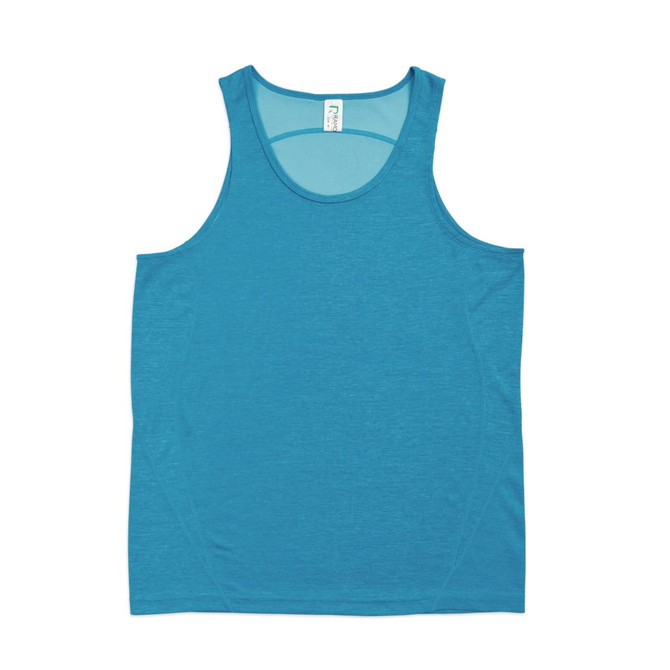 A blue men's singlet made of 100% polyester, featuring a logo and a sleeveless design.