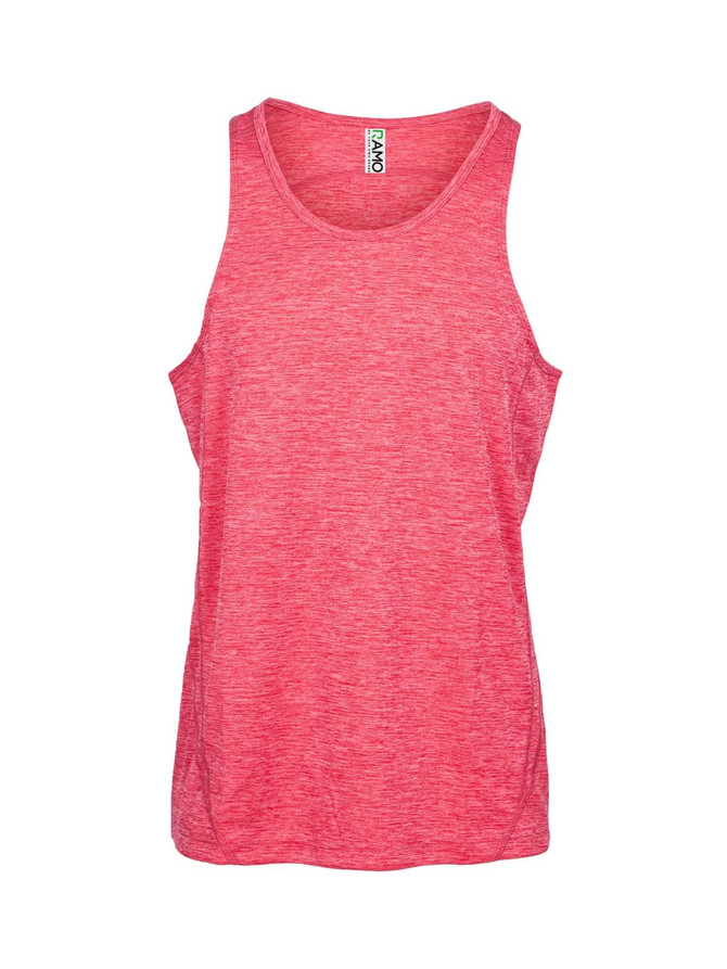 A red Women's Challenger 100% polyester singlet with a logo, featuring a comfortable tank design.