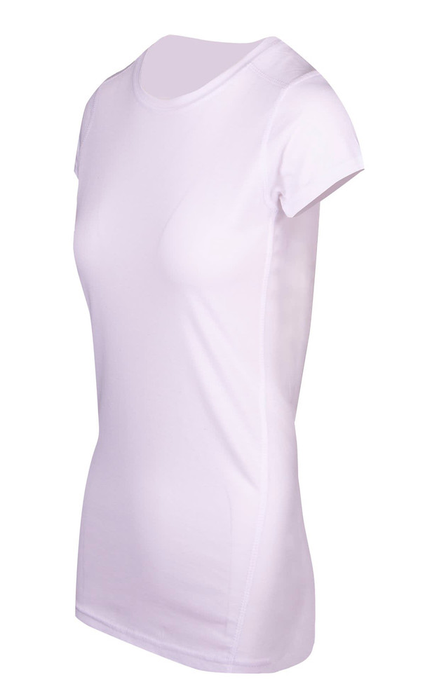 A white women's athletic t-shirt with a fitted design and short sleeves, featuring a logo.
