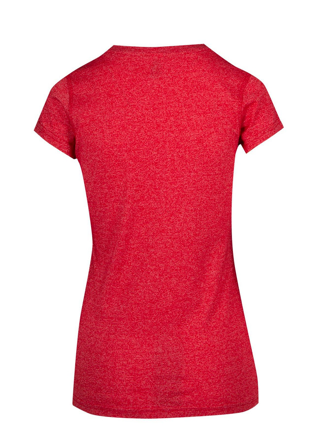 A red athletic T-shirt with short sleeves and a plain back design. It features a logo on the back.