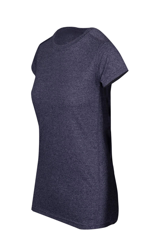 A dark navy women's athletic t-shirt with a rounded neckline and short sleeves, featuring a logo.