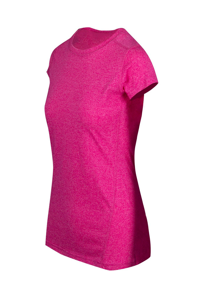 A vibrant pink women's athletic T-shirt with a fitted design and short sleeves. It features a logo on the front.