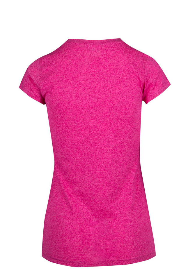 A back view of a women's athletic T-shirt in vibrant pink with a fitted design and short sleeves.