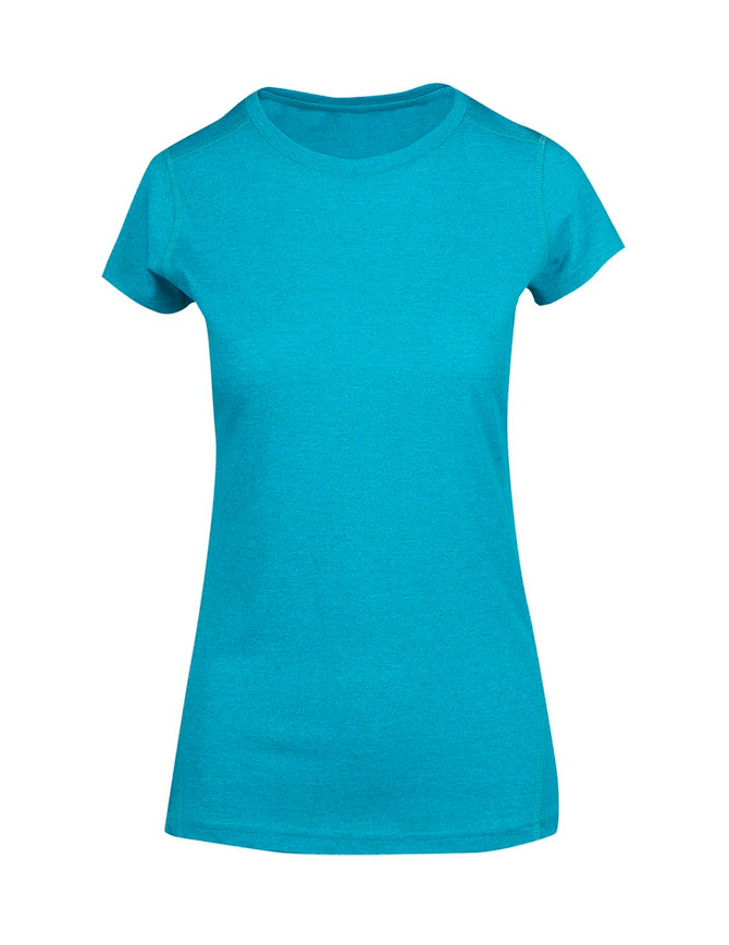 A turquoise women's athletic T-shirt with short sleeves and a fitted design. It features a simple round neckline and a brand logo.