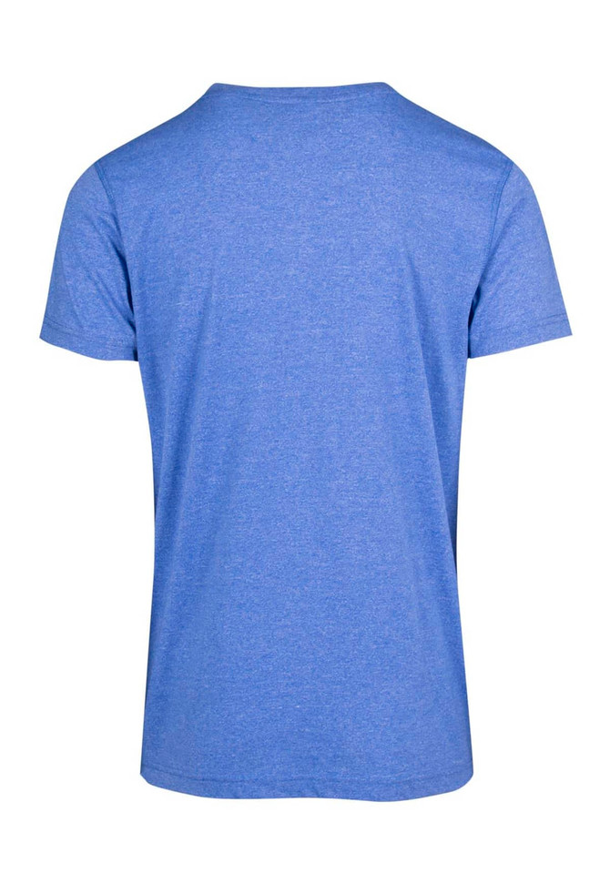 A blue heather T-shirt with a standard crew neck and short sleeves, featuring a logo on the back.