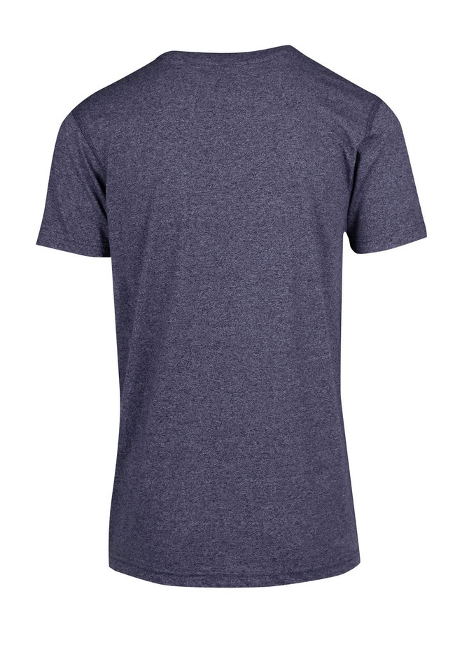 A heather navy blue unisex t-shirt with a round neck and short sleeves, featuring a logo.