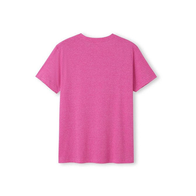 A bright pink heather t-shirt with a simple design, featuring a rear view and short sleeves.