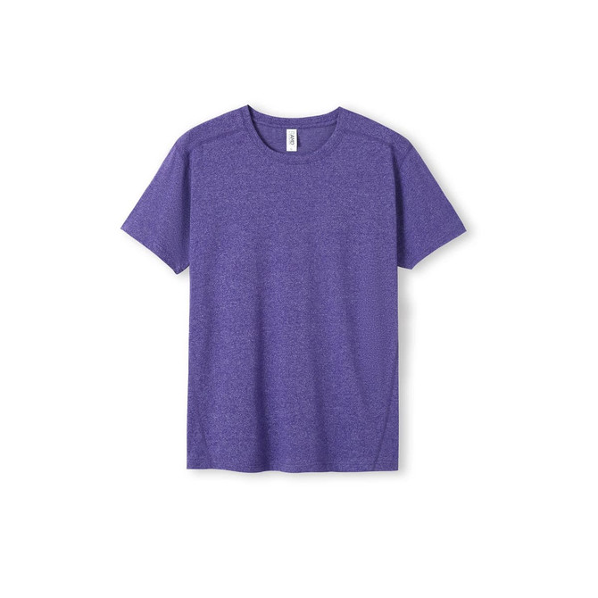 A purple heather T-shirt featuring a classic crew neck and short sleeves, with a logo on the label.