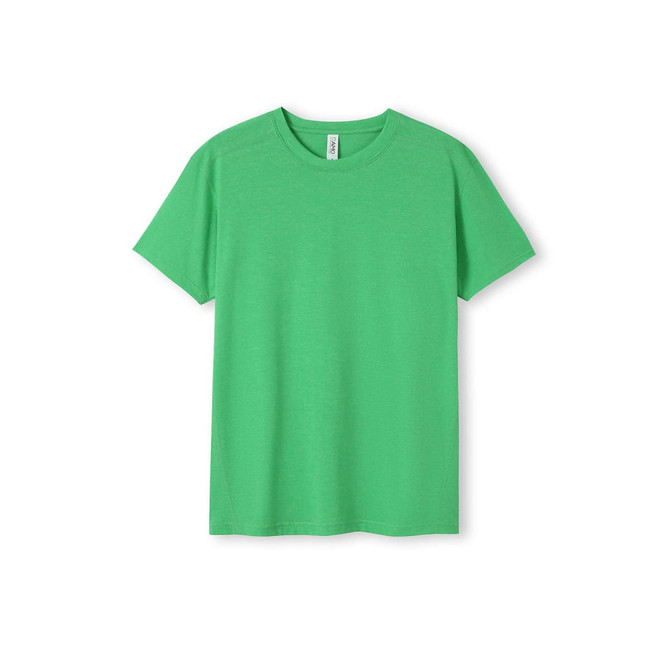 A green heather T-shirt with a classic crew neck and short sleeves, featuring a logo.