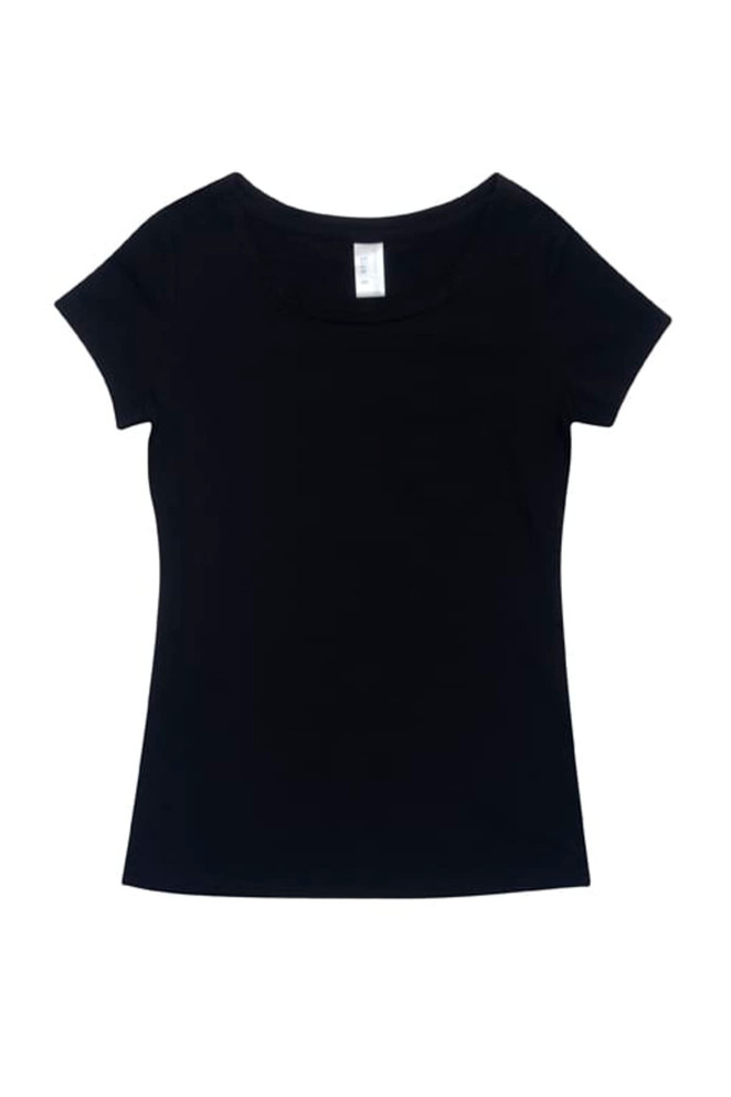 A black women's cotton/spandex T-shirt with a fitted design and short sleeves. It features a label inside and has a logo.
