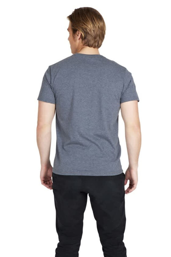 A grey heavy marl T-shirt viewed from the back, featuring short sleeves and a simple design.