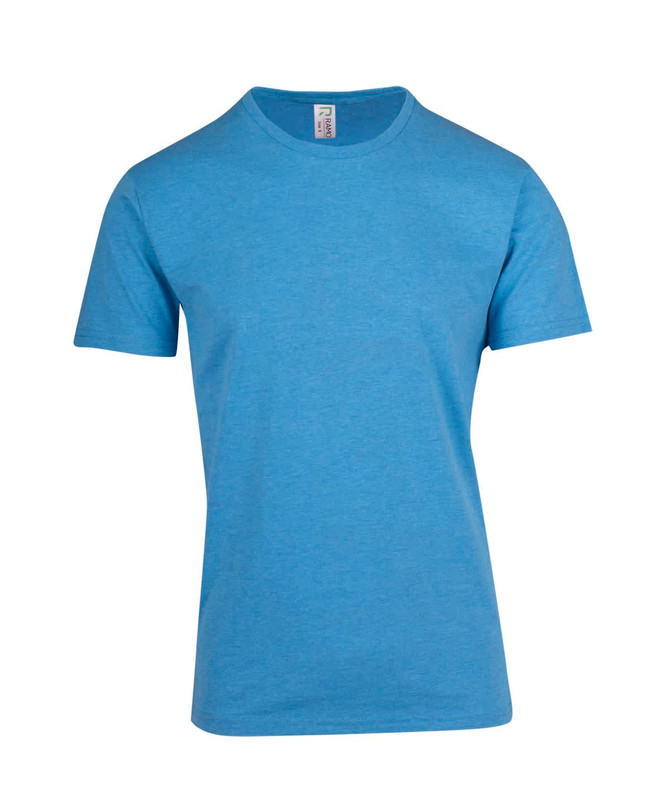 A blue heavy marl T-shirt with a round neck and short sleeves, featuring a logo on the label.