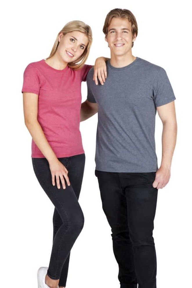 A pink women's t-shirt and a grey men's t-shirt, both featuring a logo, worn by a man and a woman.