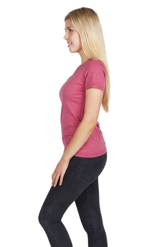 A pink marl women's T-shirt displayed on a model, featuring a short sleeve and slim fit design.
