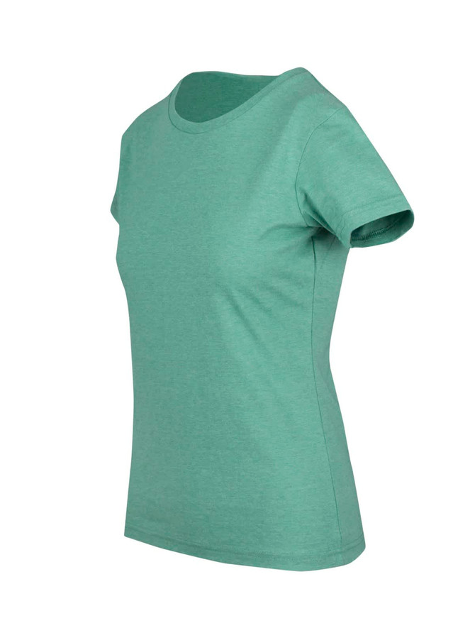 A women's teal marl tee featuring a classic shape and short sleeves. The shirt has a logo.