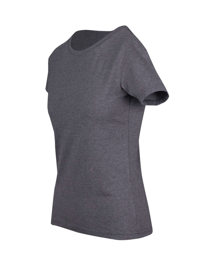 A grey women's t-shirt with short sleeves and a rounded neckline; it features a logo.
