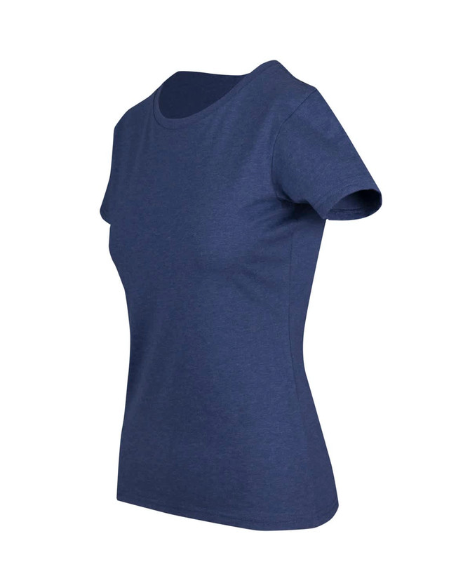 A women's navy marl tee with short sleeves and a fitted design. Features a logo on the fabric.