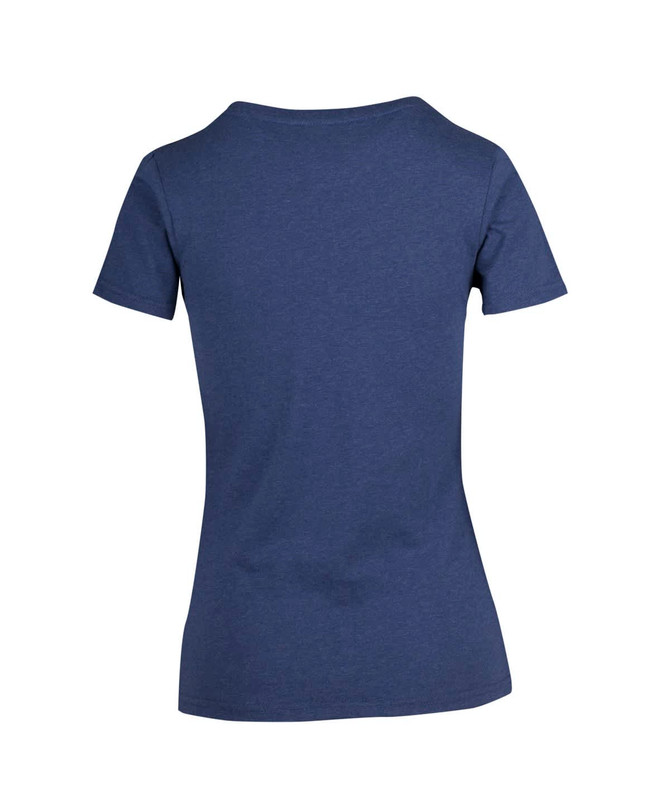 A women's short-sleeve t-shirt in a navy blue marl colour, featuring a plain back design and a logo.
