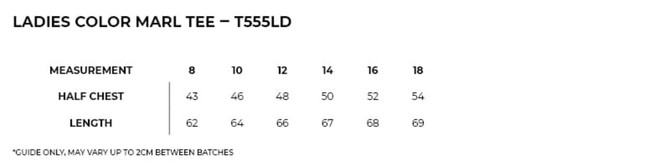 A women's colour marl tee in various sizes, featuring a logo and measurements for fit.